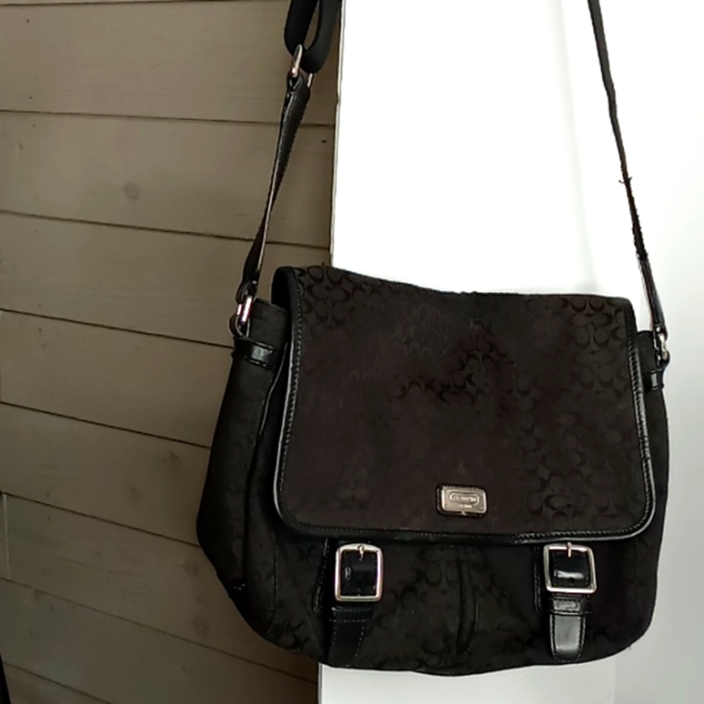 Coach F70283 Jacquard & Leather Signature Messenger Bag - Crossbody - Dark Brown